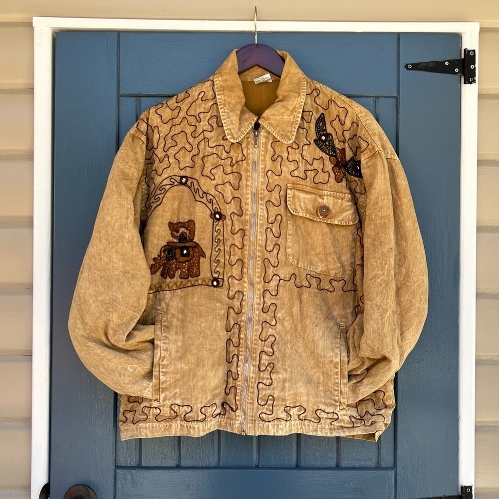 Unique Boho Tan Embroidered Jacket Unisex Size XL